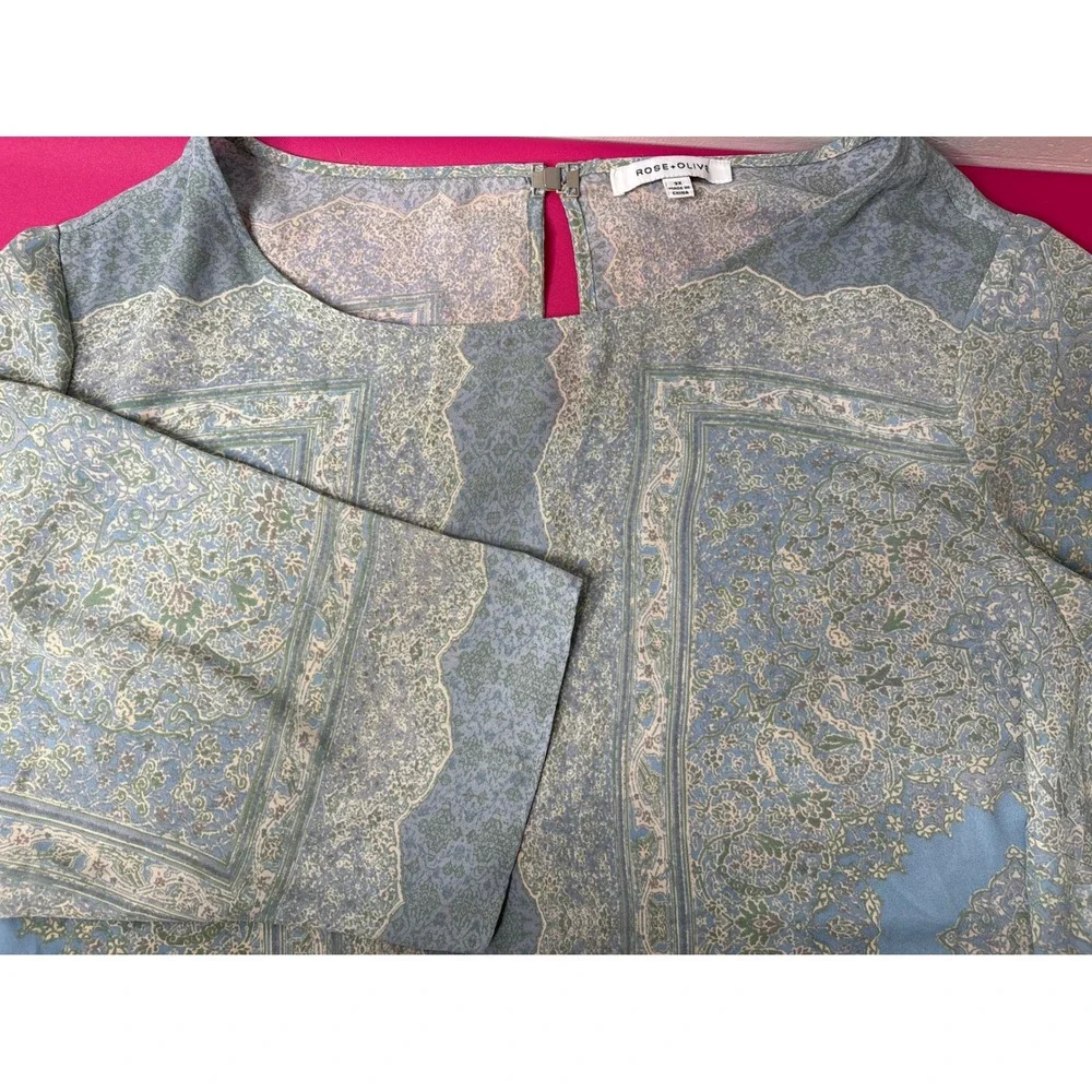 ROSE + OLIVE Blue Paisley Scarf Print Peasant Tunic Blouse 3X Boho-Chic Flowy